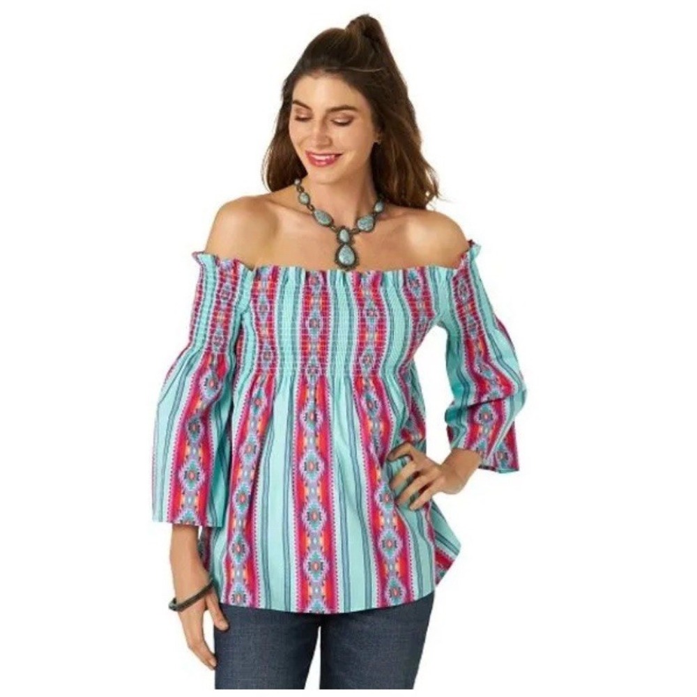 Wrangler‎ Retro Off The Shoulder Top Multicolor XL 100% Cotton Women's Shirt